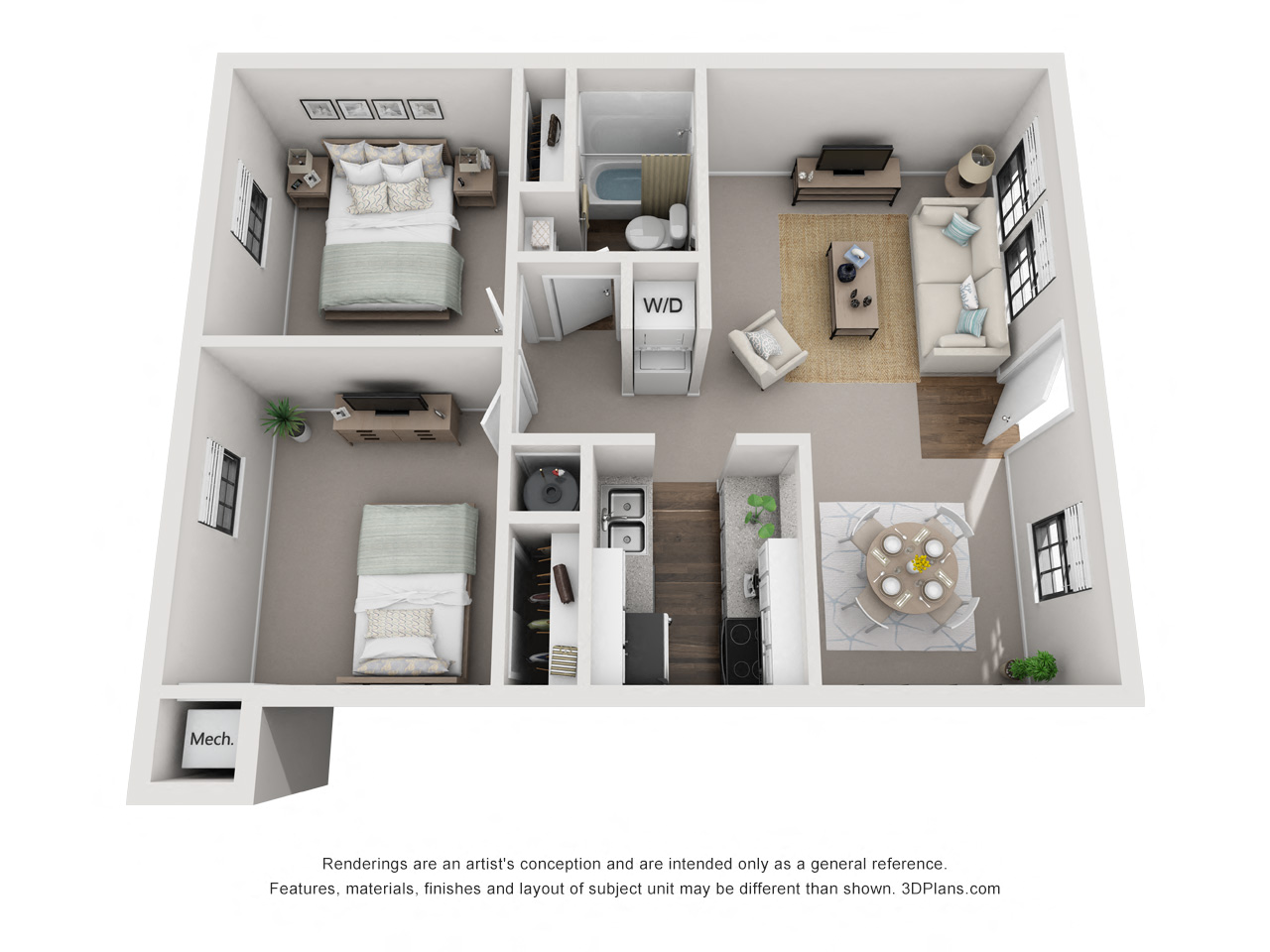 Floor plan for 2 beds, 1 bath, 720 sqft